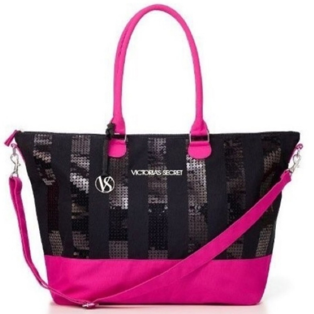 Victoria's Secret Limited Edition Pink And Black Sequined Weekender Travel Bag.
